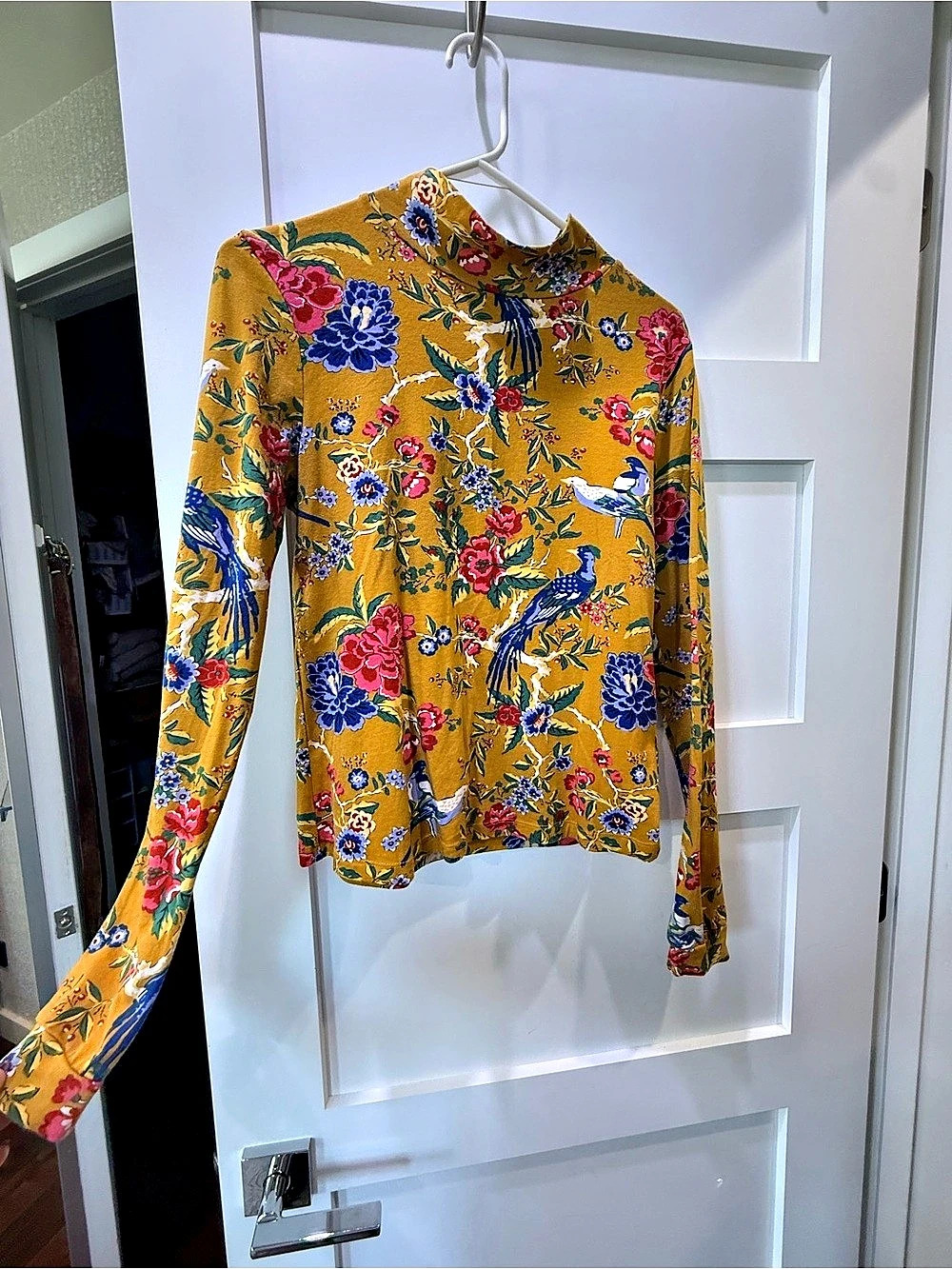 Maeve Anthropologie Mustard Floral Bird Mock Neck Top Size S